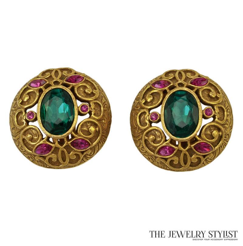 Brilliant Green and Pink Rhinestone Earrings with Gold-Toned Filigree