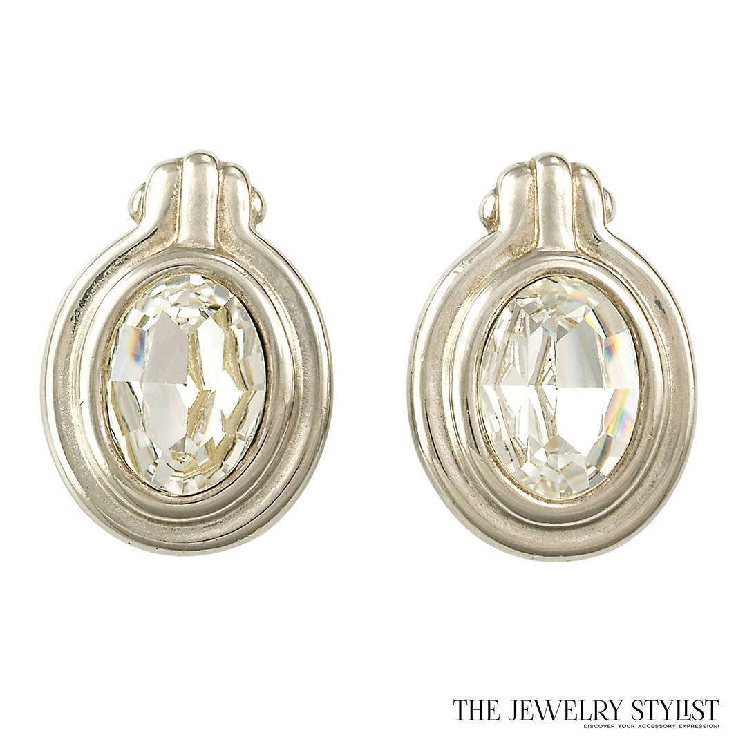 Givenchy 1980s Silver-tone Oval Rhinestone Earrings