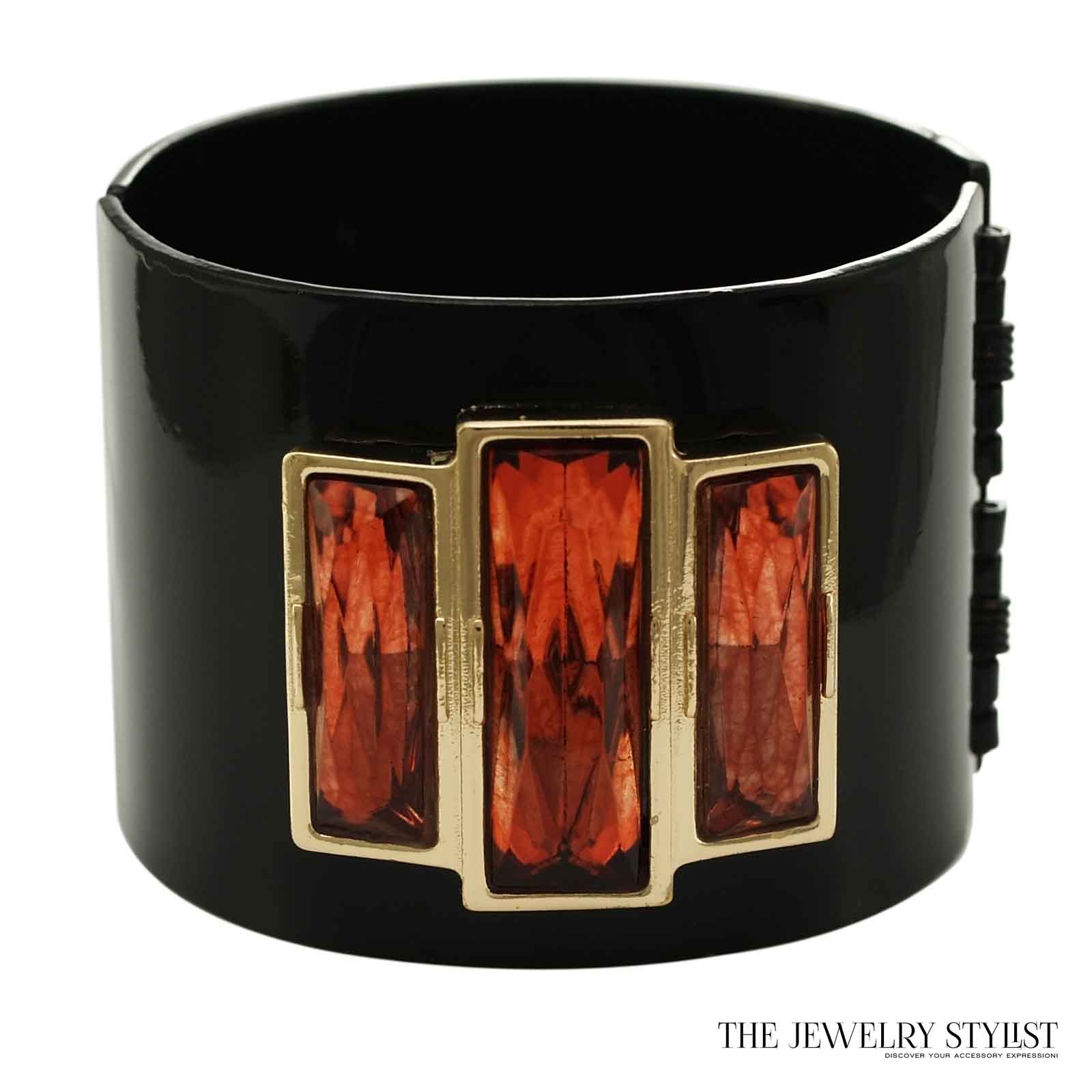 Art Deco Style Black Enamel Cuff With Faux Topaz Accents by Lee Angel