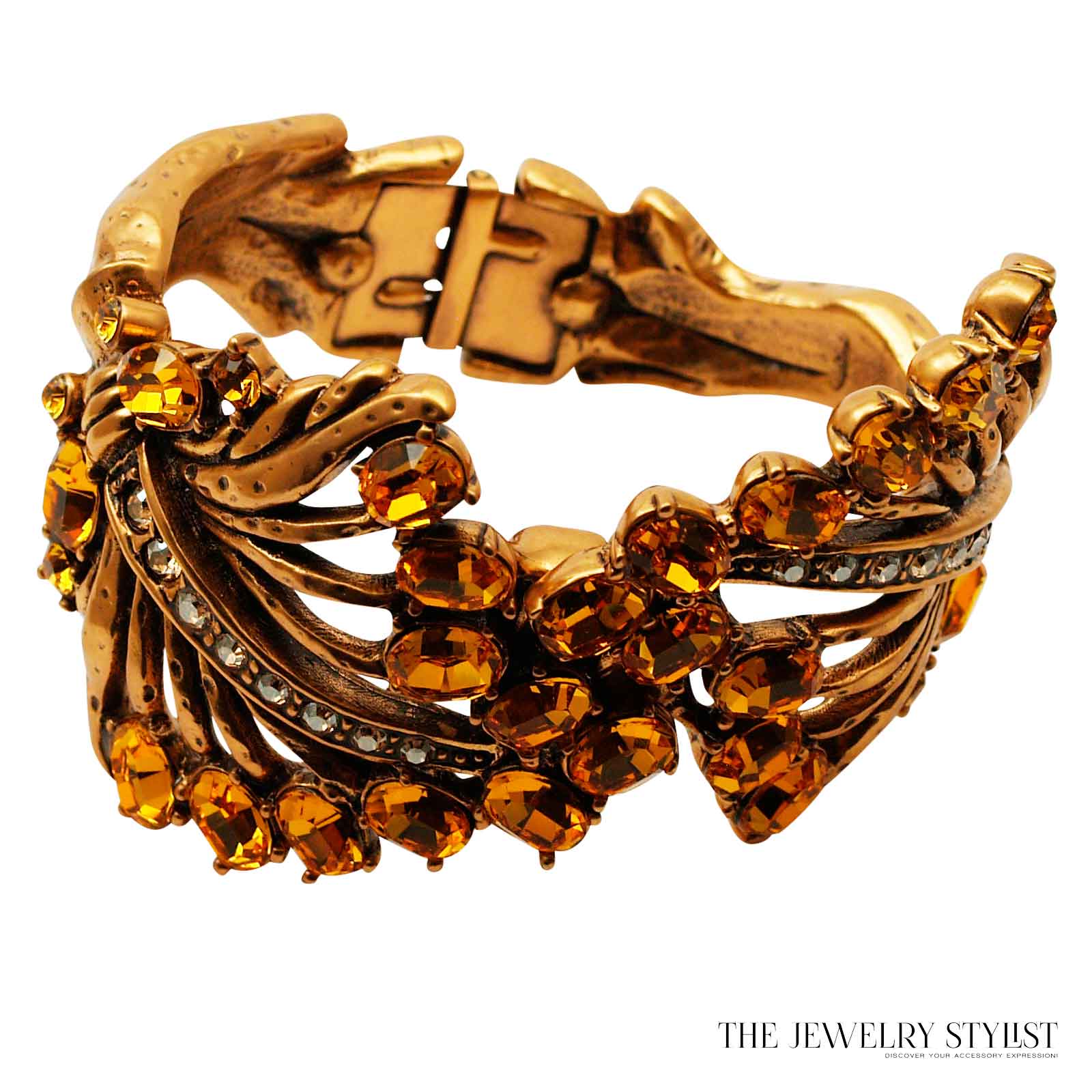 Oscar de la Renta Sculptural Stylistic Leaf Cuff With Swarovski Crystals