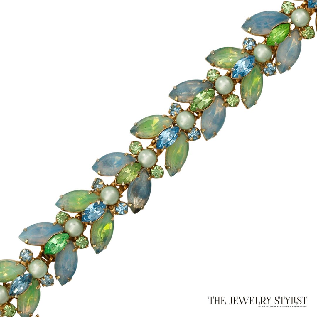 Kramer Blue and Blue Green Opalescent Rhinestone and Pearl Bracelet