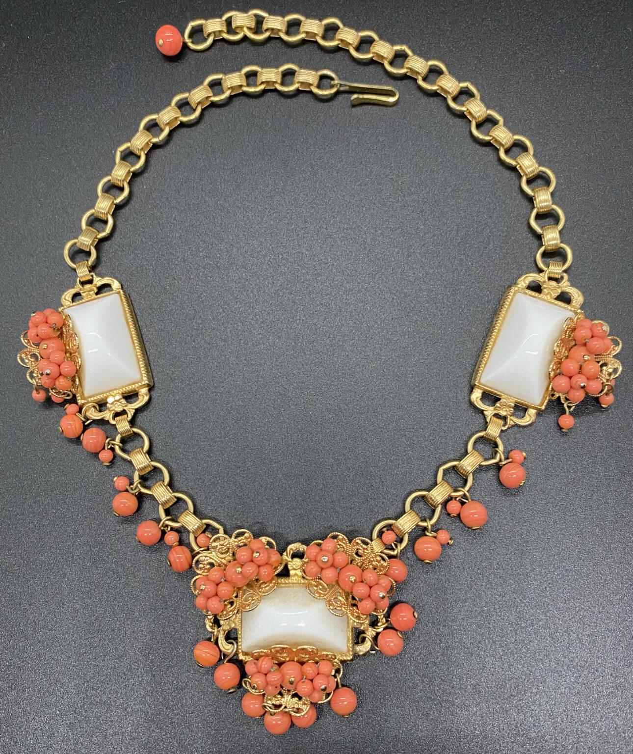 Front view Vintage Coral Bead Bib Necklace