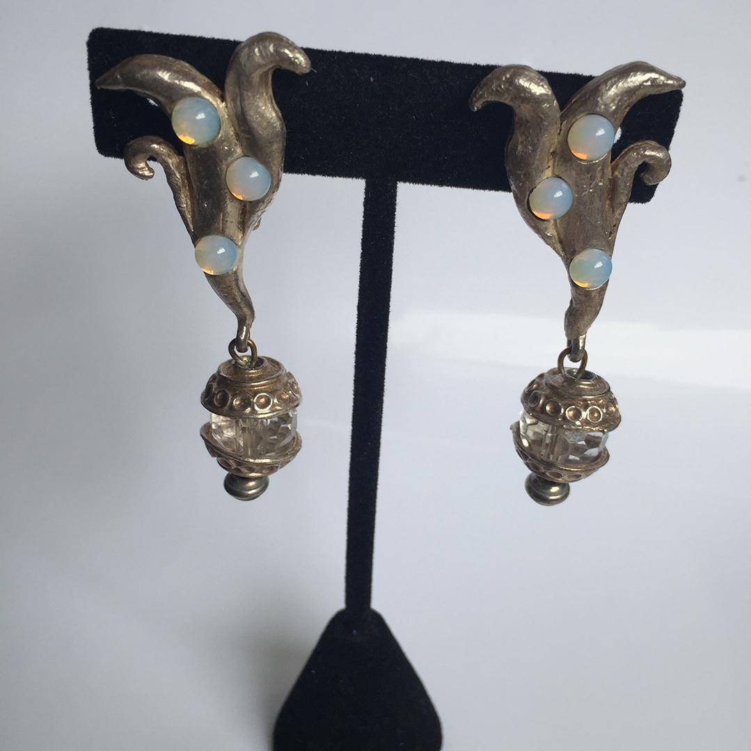 Kate Hines Brutalist Silver tone earrings with Faux Opals Cabochons