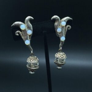 Vintage Brutalist Silver Tone Earrings With Faux Opals Vintage Brutalist Silver Tone Earrings With Faux Opals