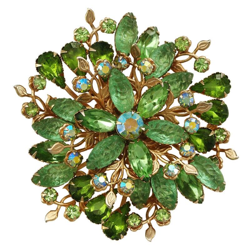 Large Vintage 1960 Green Molded and Faceted Rhinestone Brooch