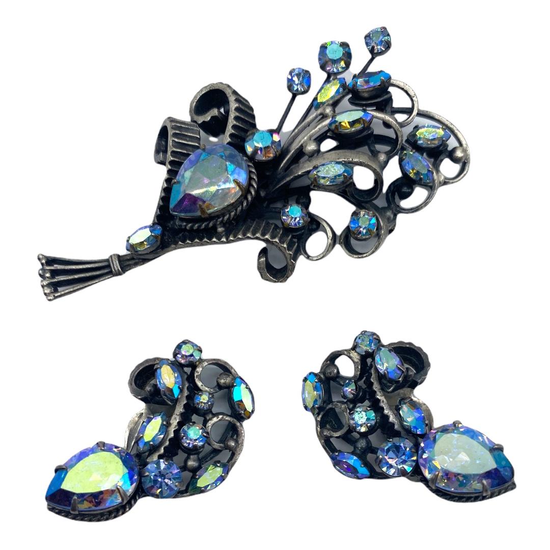 Aurora Borealis Gun Metal Brooch Earrings