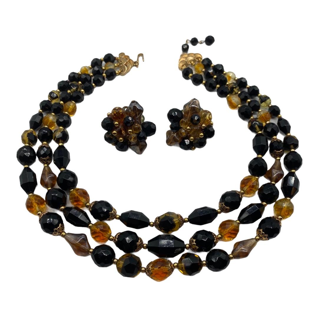 Trifari Black Amber Bead Necklace