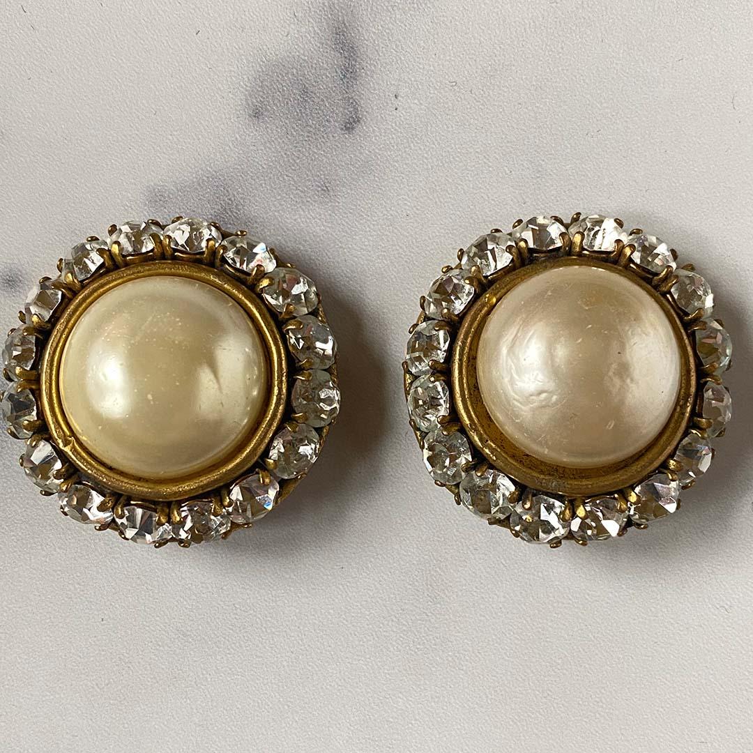 Vintage Chanel Diamante Clip Back Earrings Pearls Costume Gold