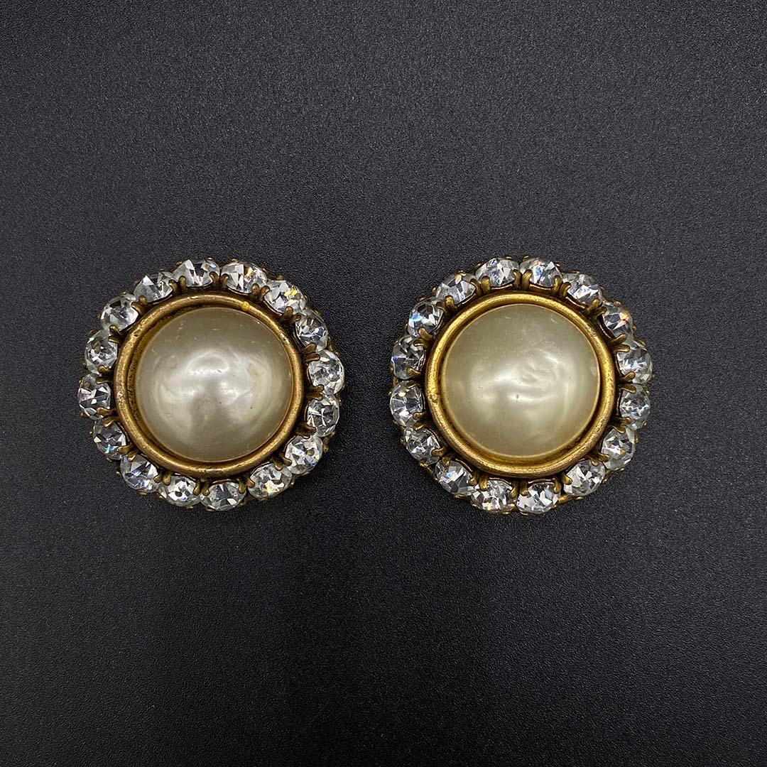 Sensational Vintage Large Chanel CC Made in France Rhinestone and Pearl Earrings