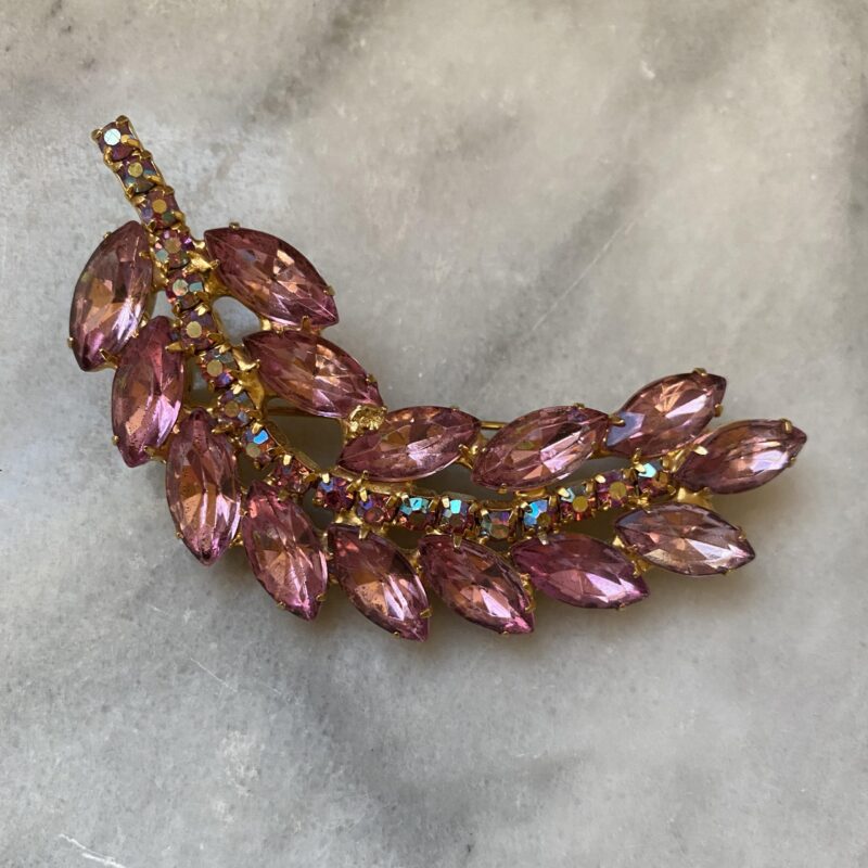 pink rhinestone feather brooch
