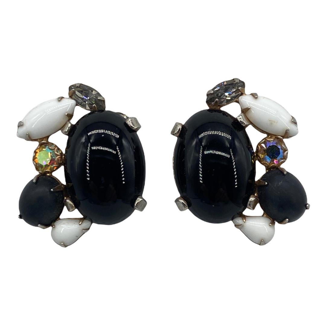 Vintage Black Cabochon Rhinestone Earrings