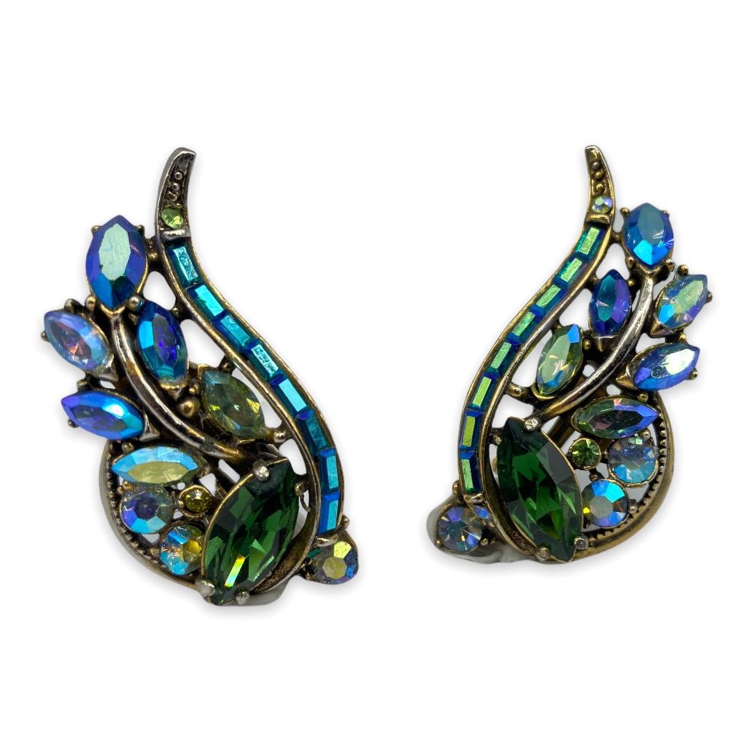 Huge rhinestone earrings, wing-shaped rhinestone earrings, 1950s rhinestone earrings, Hollycraft earrings
