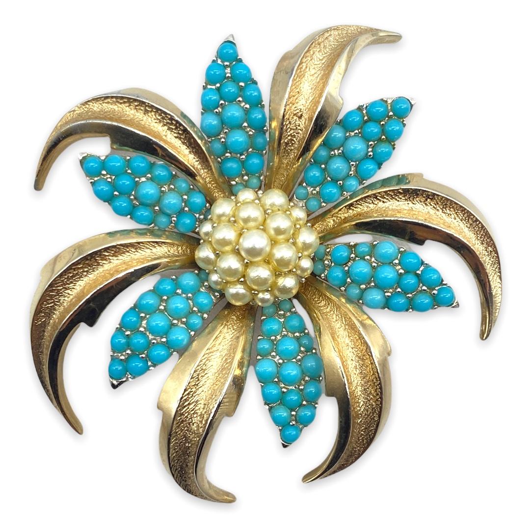 Lovely Vintage Floral Pearl Brooch with Rhinestone Accents - The