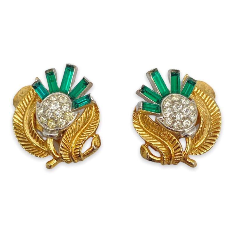 trifari green rhinestone thistle earrings