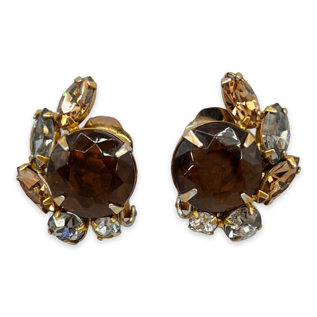 Topaz and Cognac-Colored Rhinestone Clip Earrings