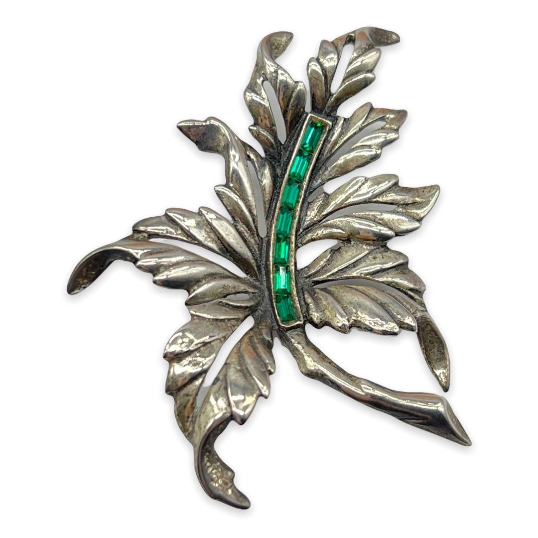 Vintage 1940s Sterling Rhinestone Figural Leaf Fern Brooch