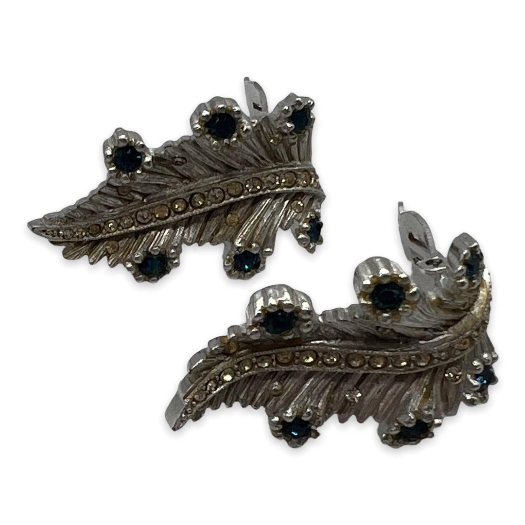 Vintage Stylized Rhinestone Feather Earrings