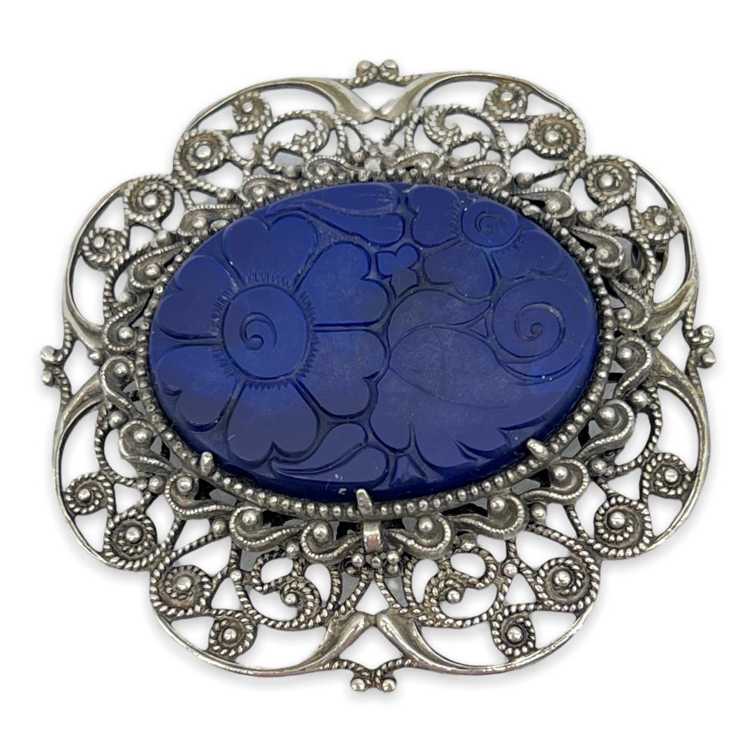 faux carved lapis silver-tone filigree brooch
