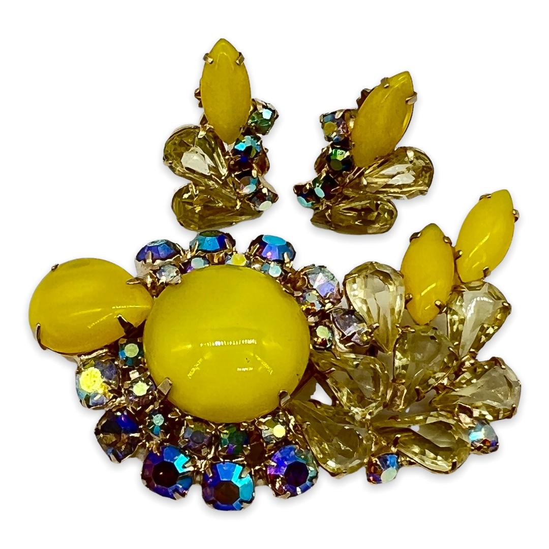 Large yellow rhinestone brooch set