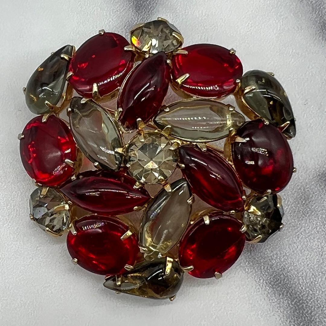 vintage red and grey rhinestone brooch