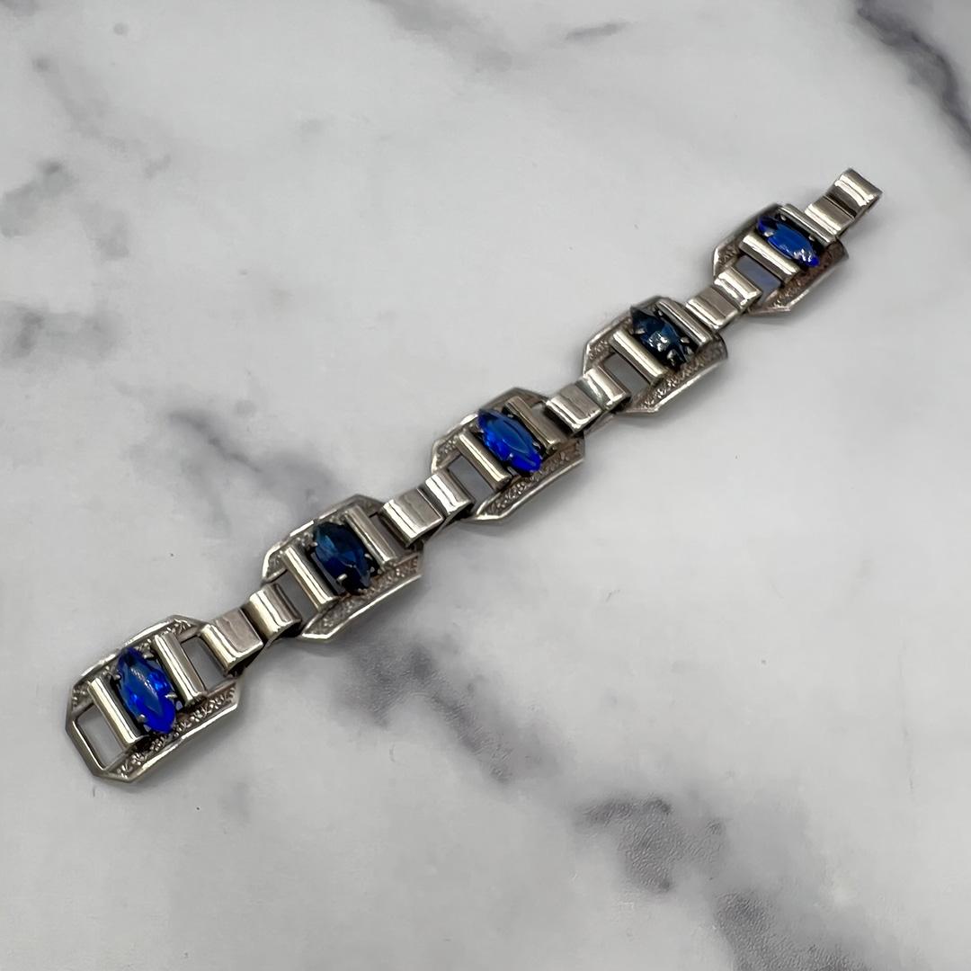 Vintage Machinist-style Mexican Silver Rhinestone Bracelet