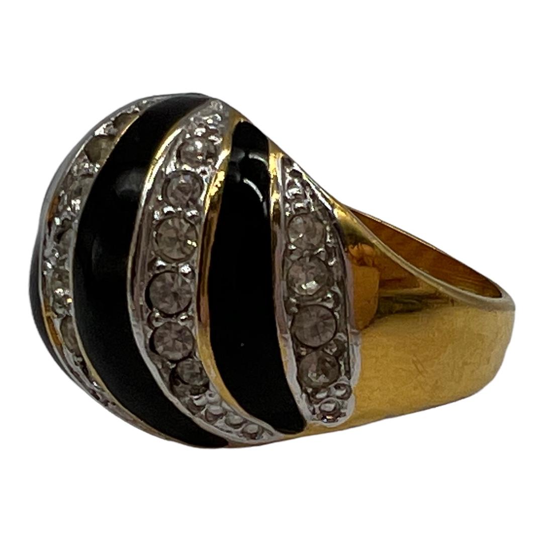 Vintage Black Enamel and Rhinestone Fashion Ring