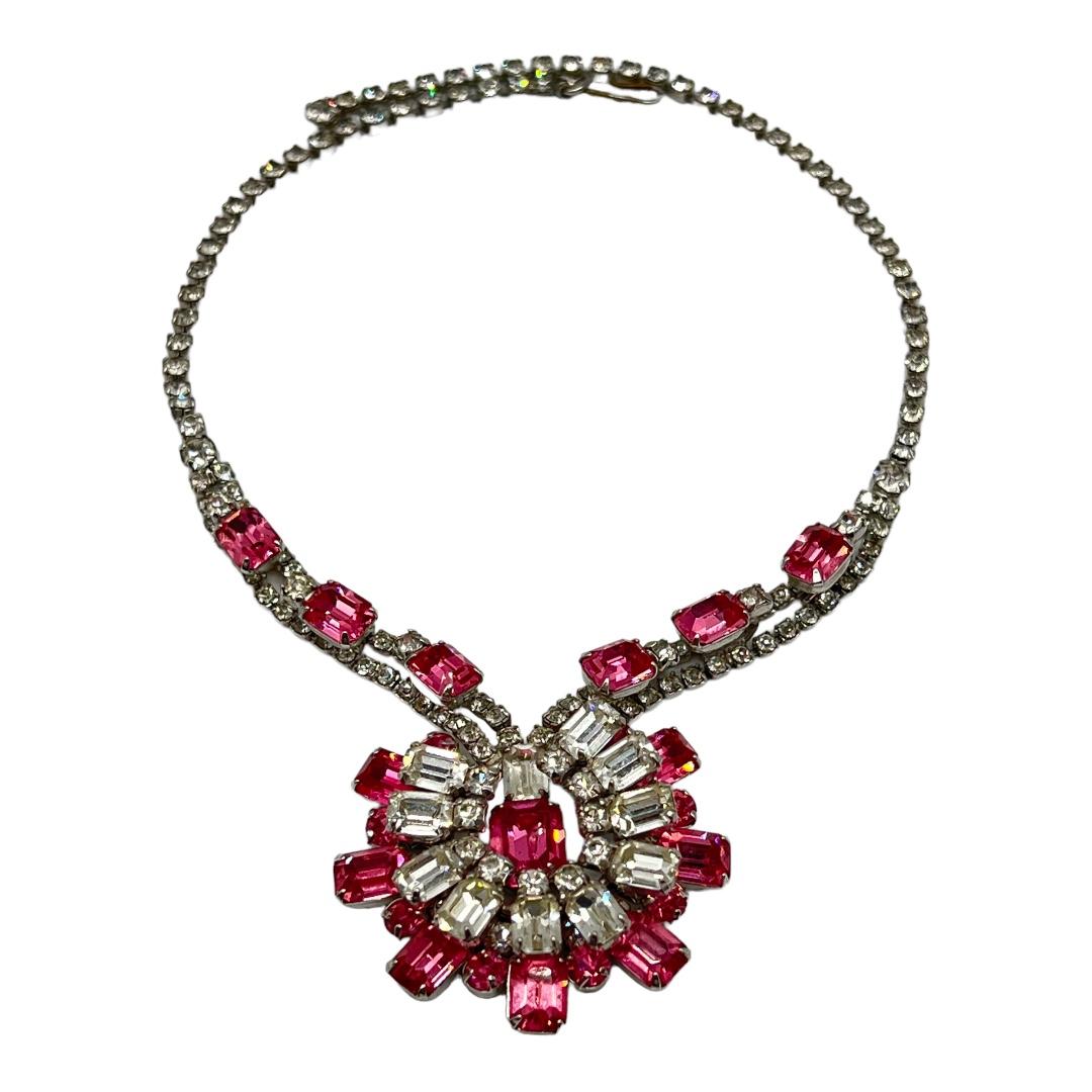 Coro Emerald-cut Pink Rhinestone Necklace