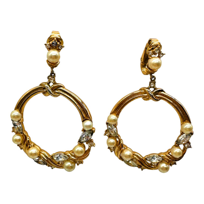 Trifari Rhinestone and Pearl Drop Earrings