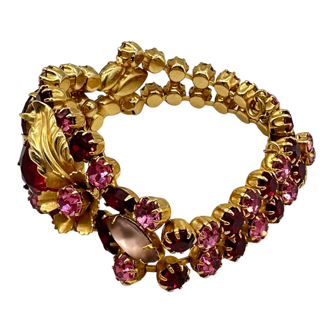 Beautiful Red and Pink Rhinestone Bracelet with Flowers