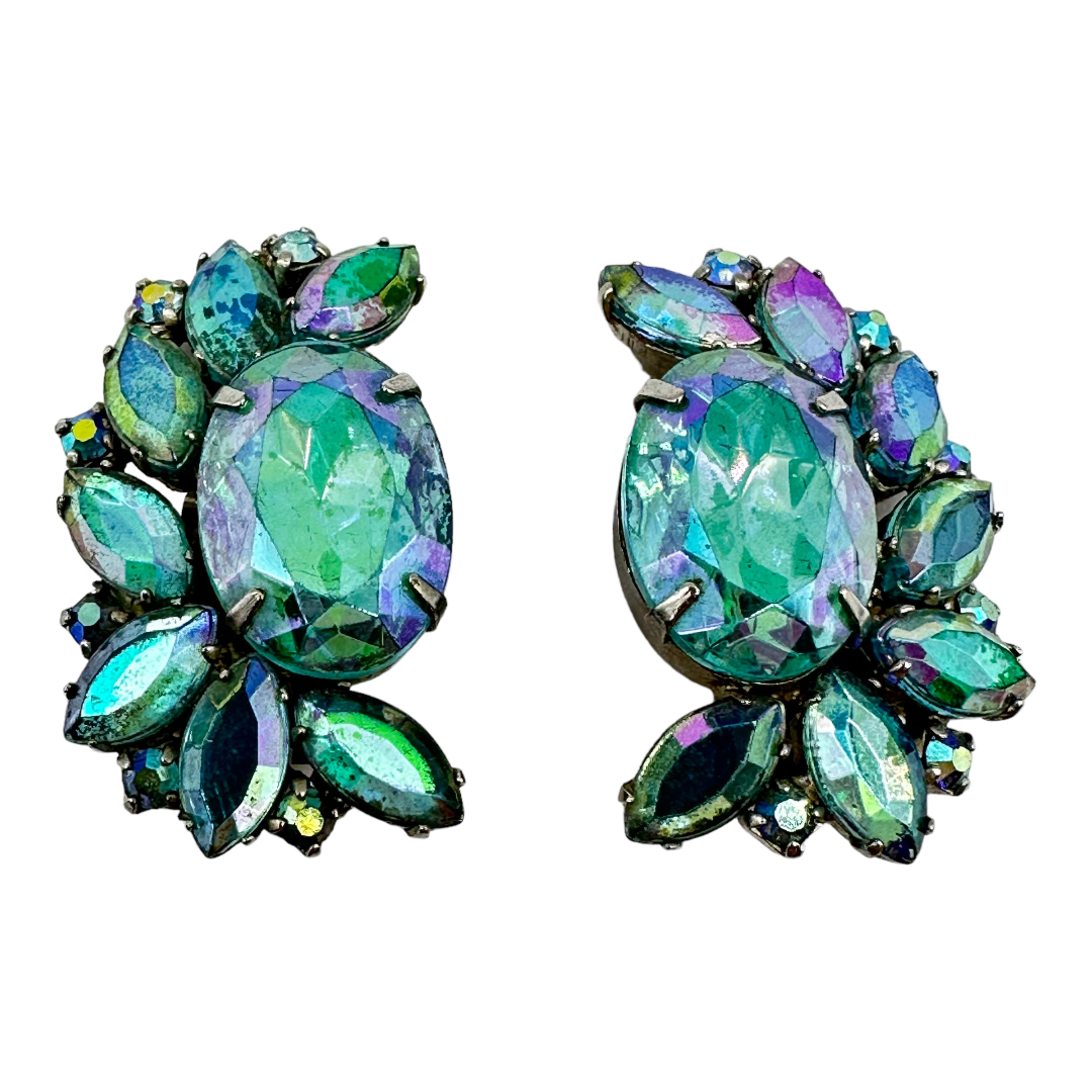 1960s Blue Aurora Borealis Rhinestone Earrings - The Jewelry Stylist