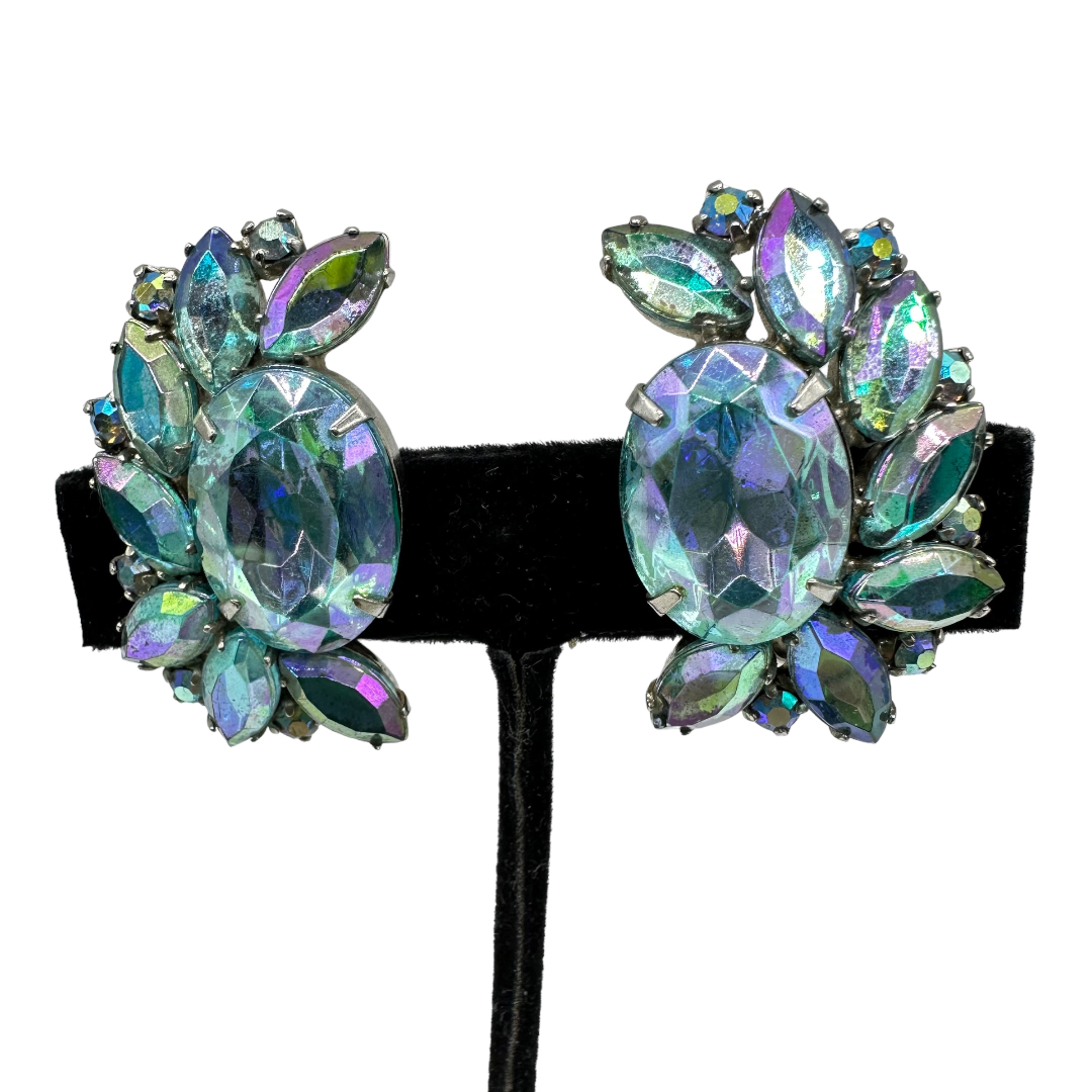 1960s Blue Aurora Borealis Rhinestone Earrings