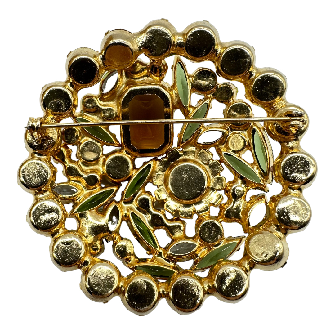 Juliana D&E Lavender, Gray and Yellow Rhinestones Brooch in A Gold Tone Setting, 1960