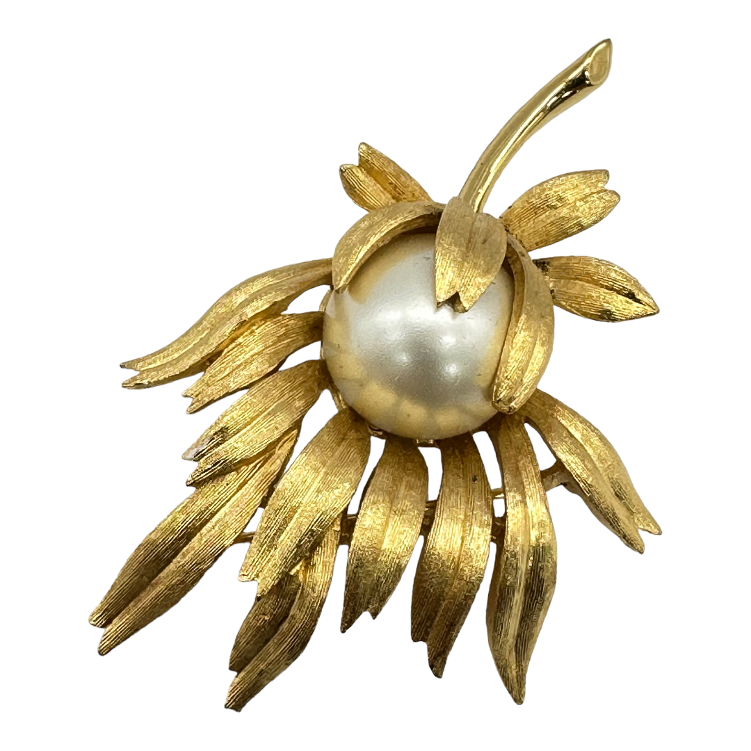 Trifari Flower Gold Tone Faux Pearl Brooch