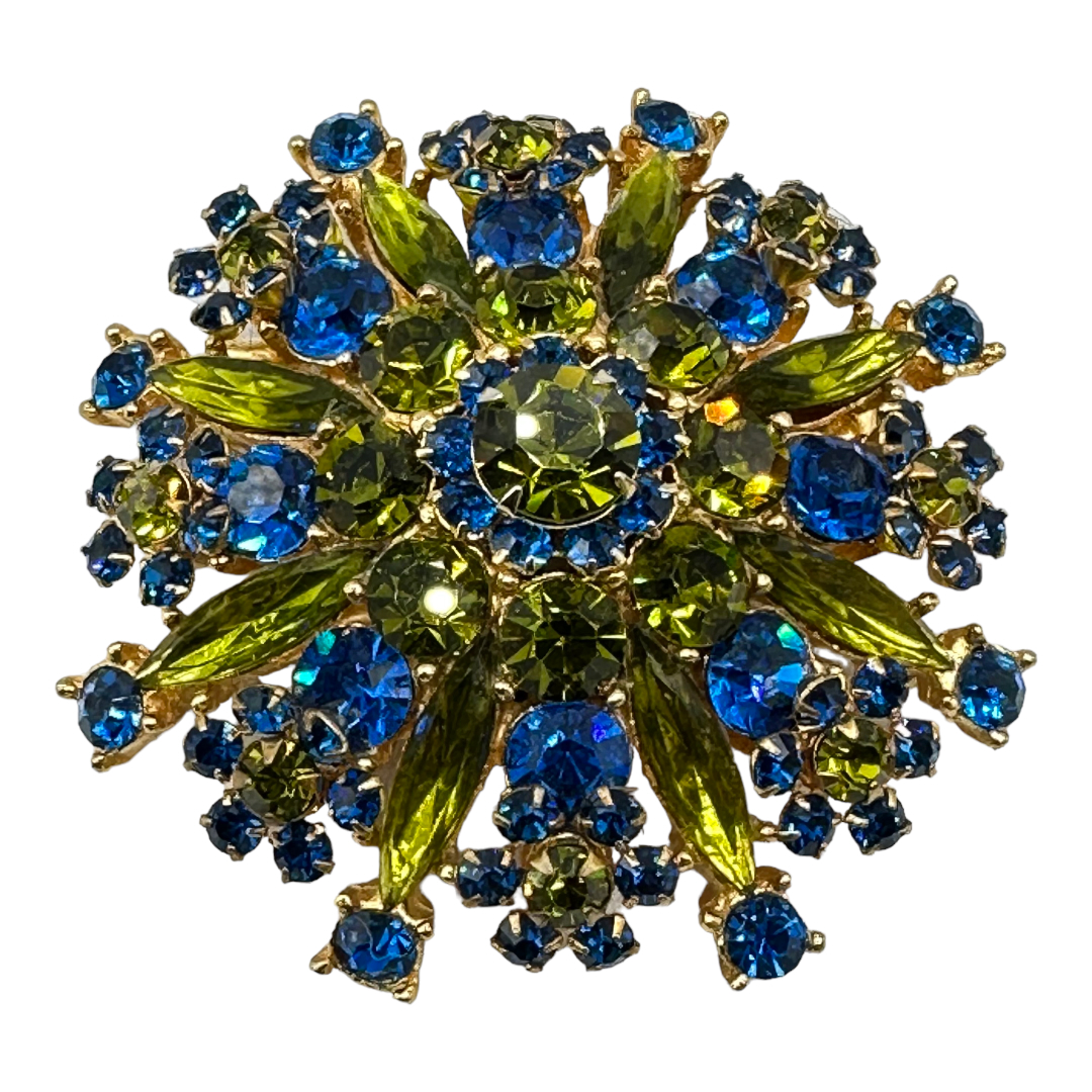 Vintage Jonquil and Sapphire Color Rhinestone Brooch