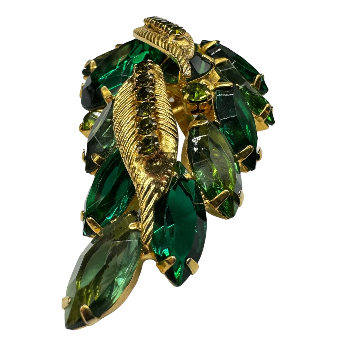 Vintage Green Stylized Leaf Rhinestone Brooch