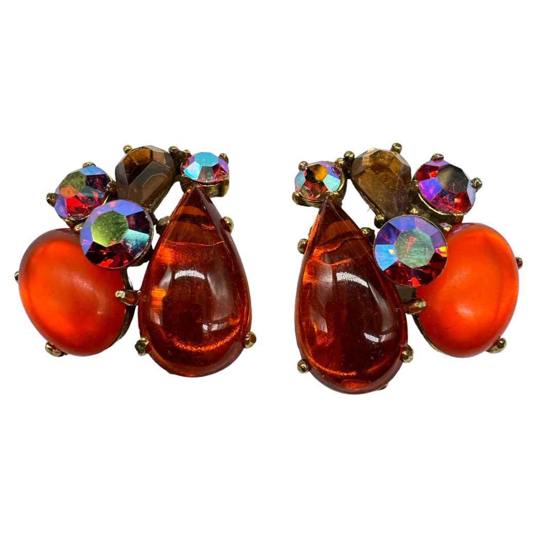 Vintage Selro Style Orange Colored Rhinestone Earrings