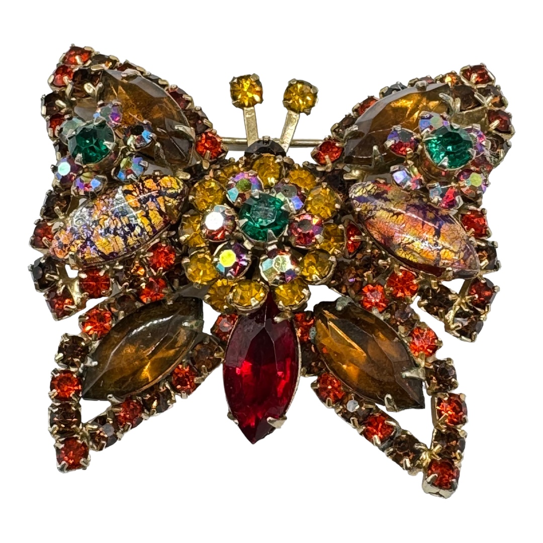 Vintage Rhinestone Butterfly Brooch with Cat Eye Navettes