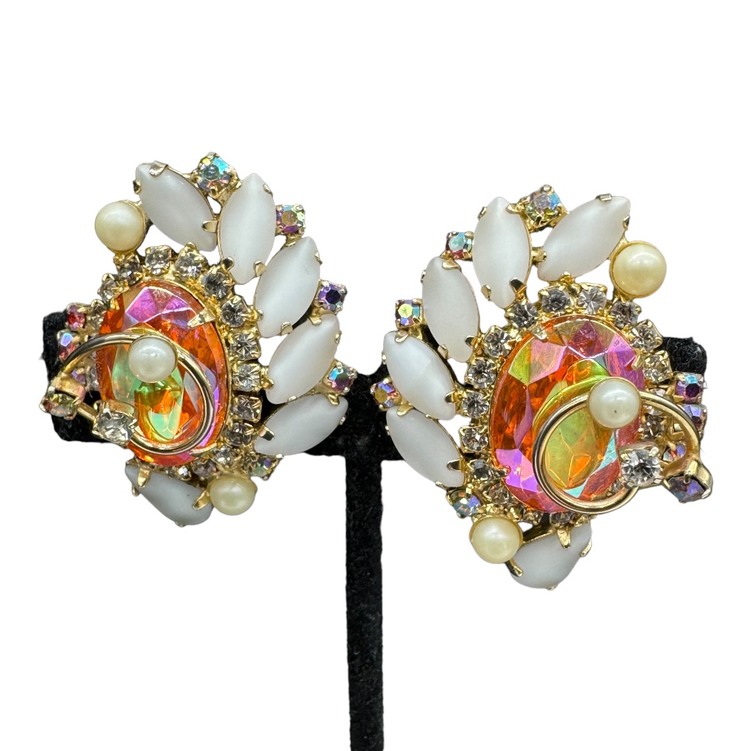 Hobe rhinestone frosted milk glass rhinestone earrings.
