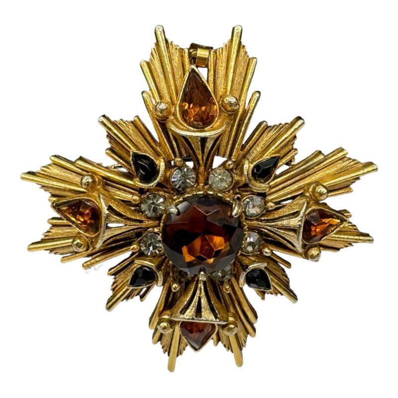 Large Florenza Gold Tone Maltese Cross Brooch Pendant with Rhinestones