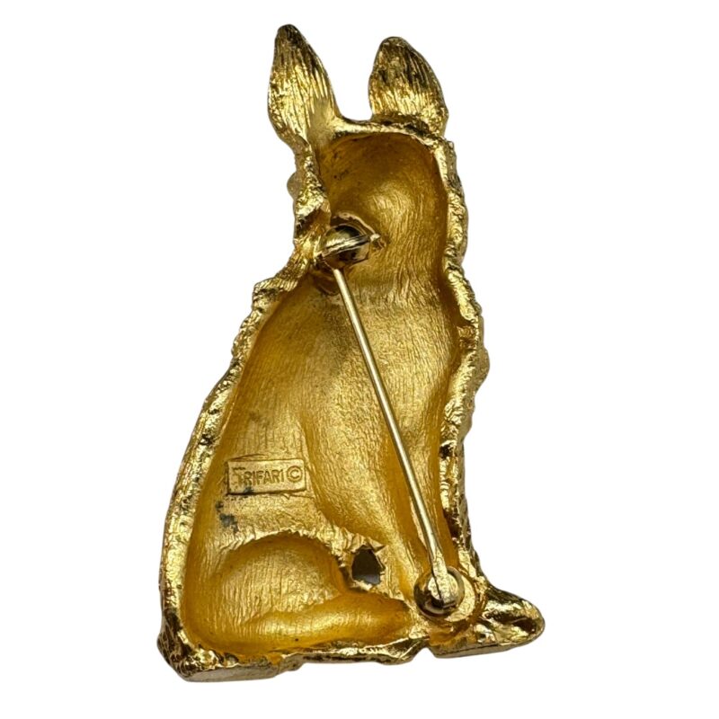 Trifari German shepherd dog brooch back with discoloration.