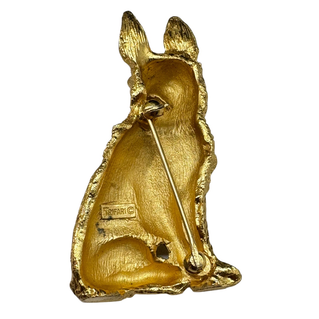 Trifari German shepherd dog brooch back with discoloration.