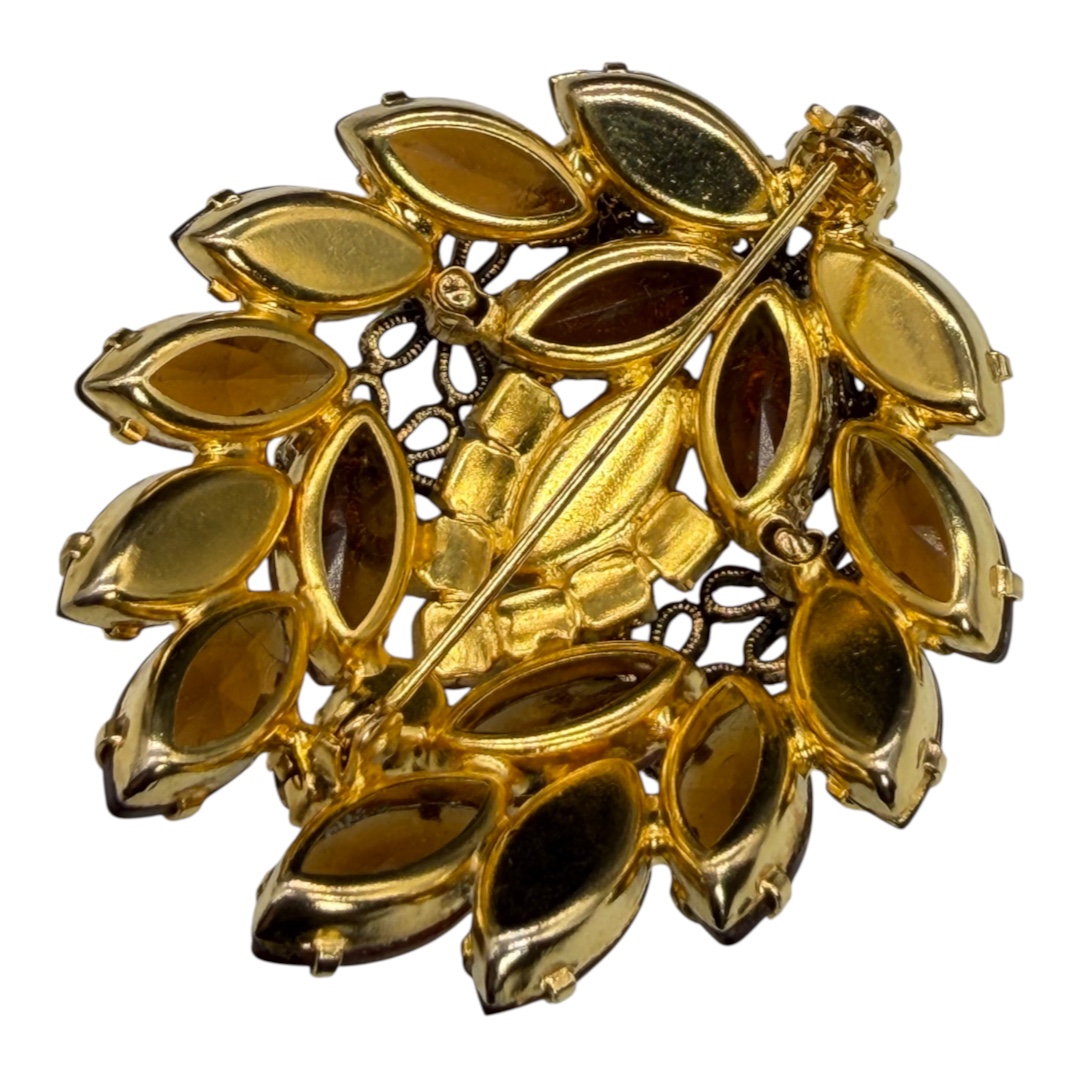 Amber and Aurora Borealis Rhinestone Flower Brooch back.