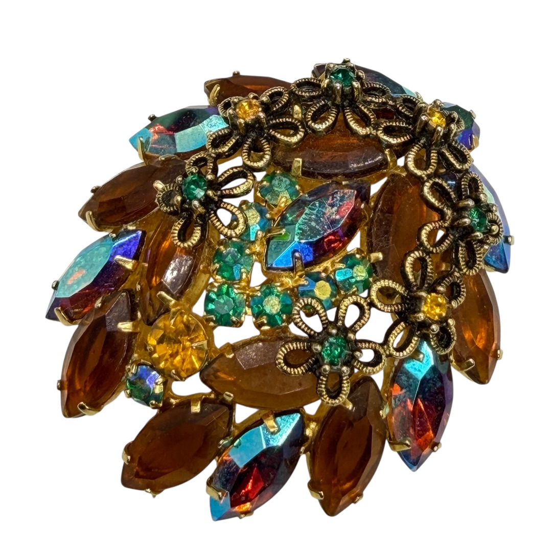Amber and Aurora Borealis Rhinestone Flower Brooch