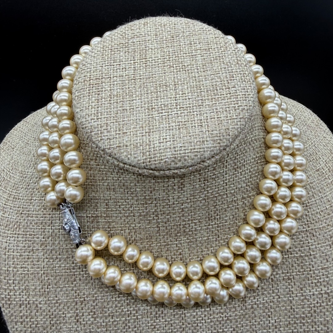 Beautiful vintage triple-strand glass faux pearl necklace.
