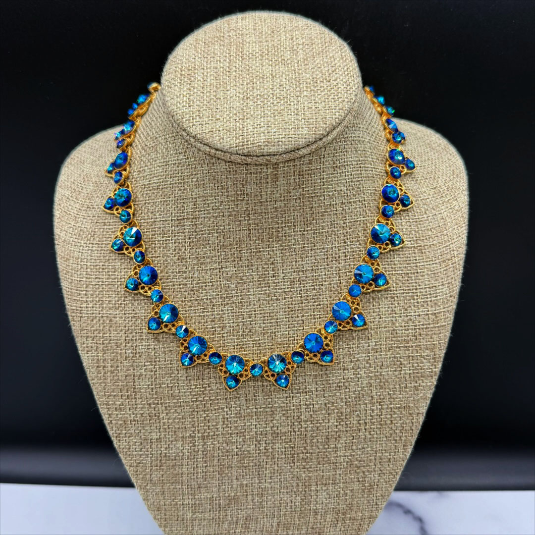 Vintage Bermuda blue rivoli rhinestone necklace.