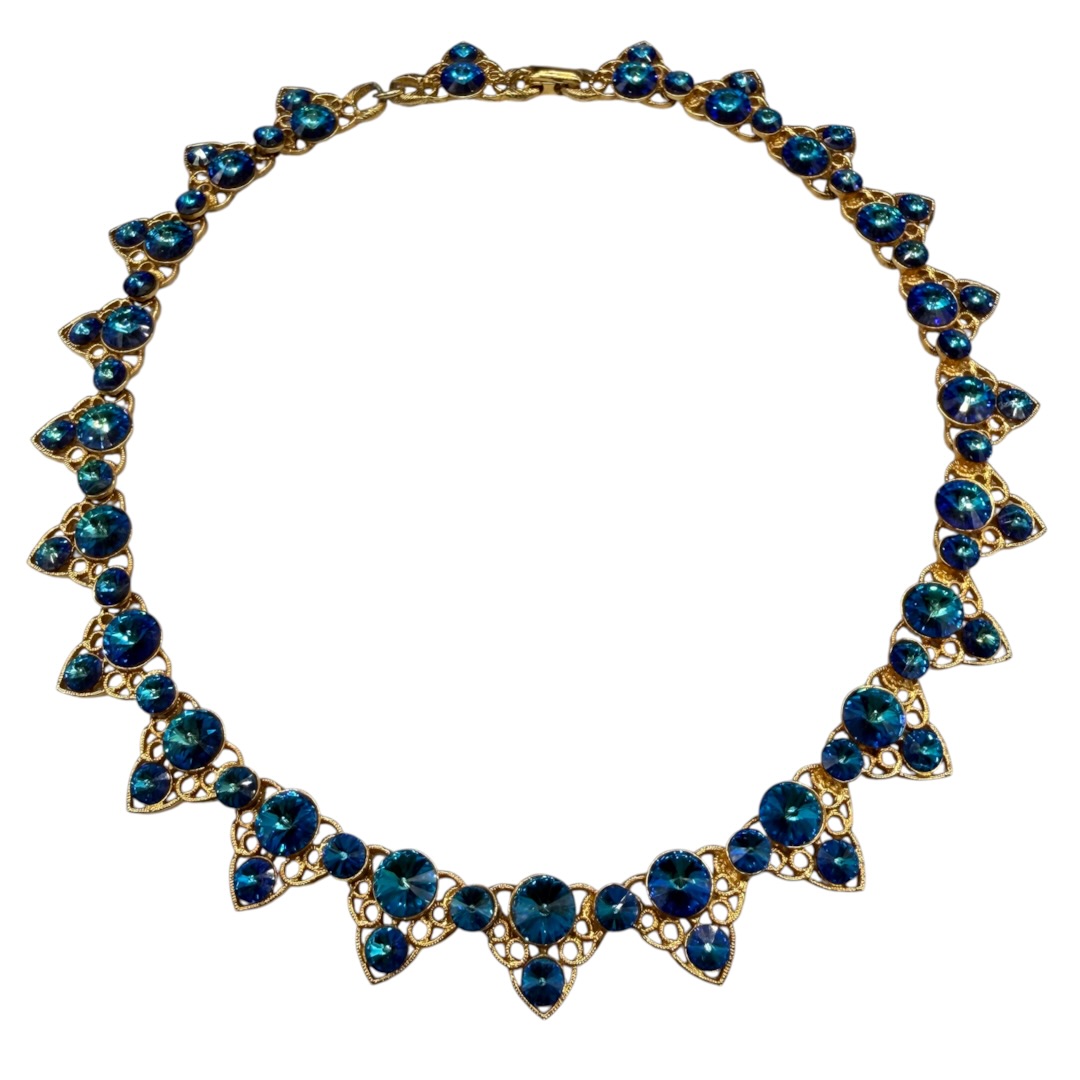 Vintage Bermuda blue rivoli rhinestone necklace.