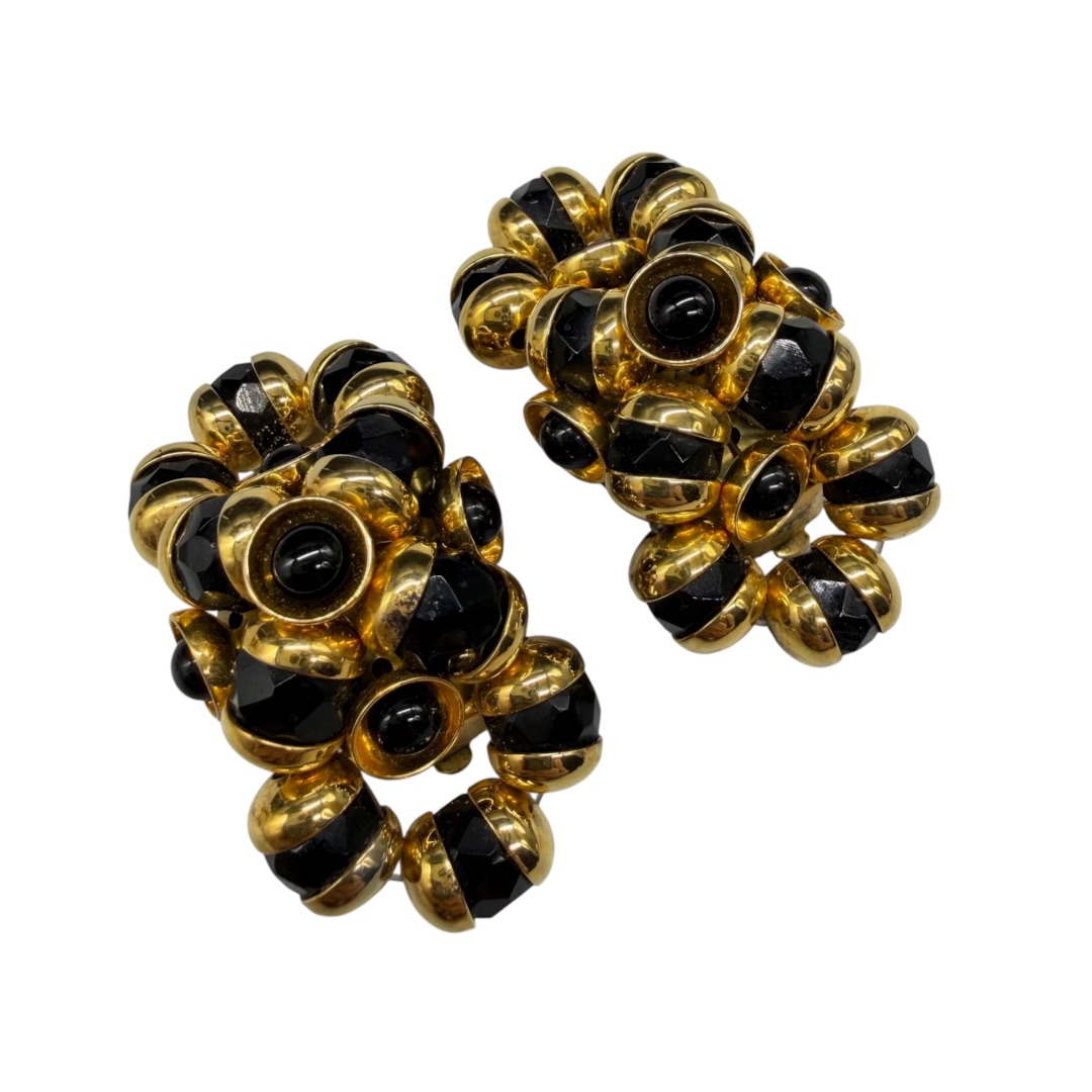 Vintage c. 1950s Francoise Montague Black & Gold-Tone Double-Bead Clip Earrings