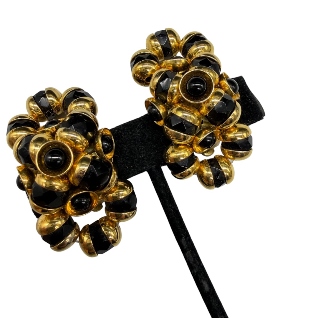 Vintage c. 1950s Francoise Montague Black & Gold-Tone Double-Bead Clip Earrings