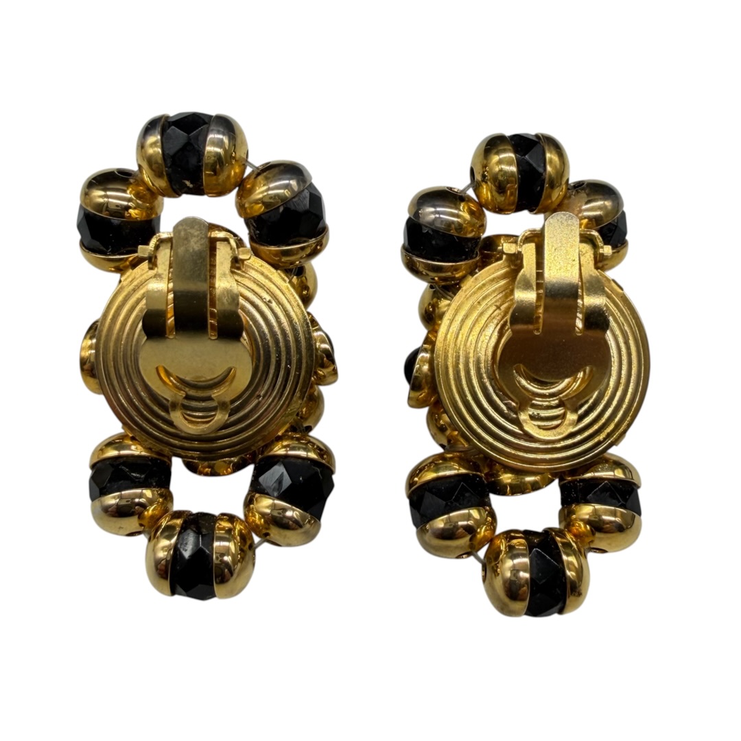 Vintage c. 1950s Francoise Montague Black & Gold-Tone Double-Bead Clip Earring Backs