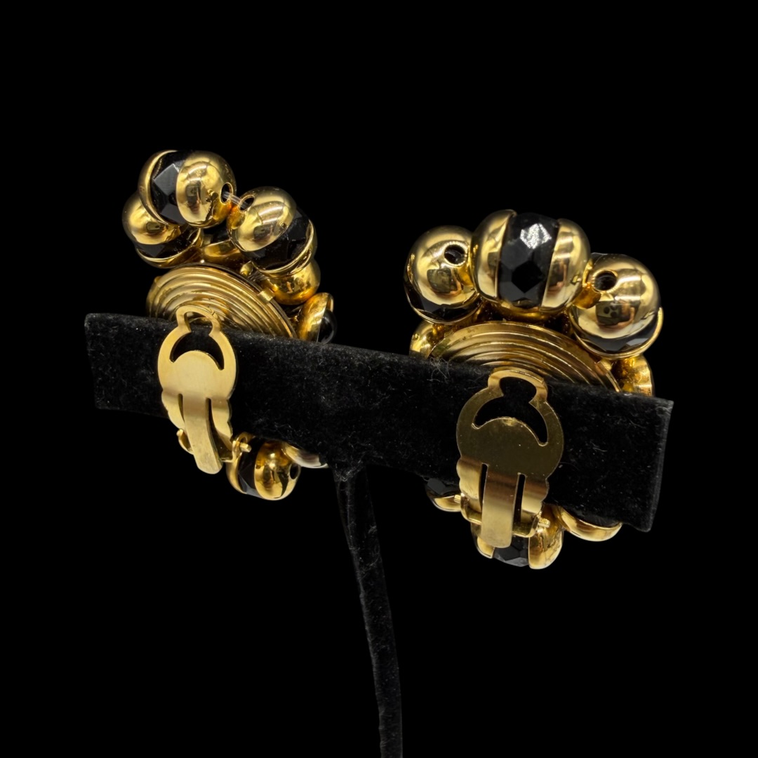 Vintage c. 1950s Francoise Montague Black & Gold-Tone Double-Bead Clip Earring Backs